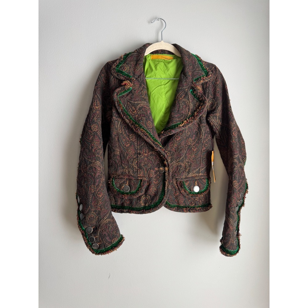 Twill Twenty Two Paisley Tapestry Blazer Green Velvet Trim Fringe NWT